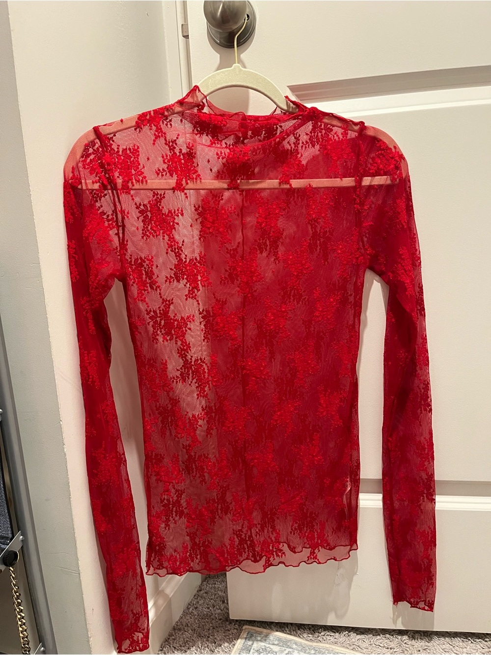 Free People Red Sheer Floral Lace Long-Sleeve Top - Women's